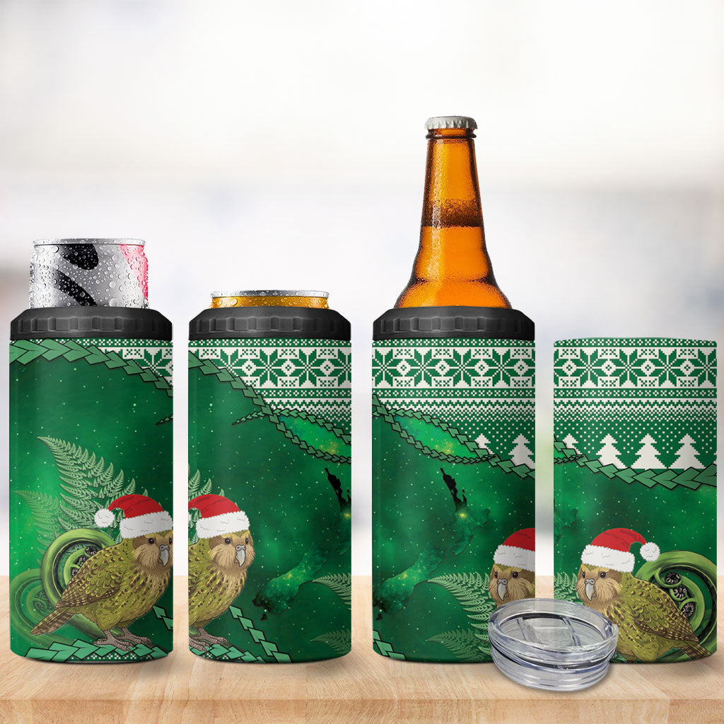 New Zealand Kakapo Christmas In July 4 in 1 Can Cooler Tumbler Silver Fern Santa Xmas Green Color
