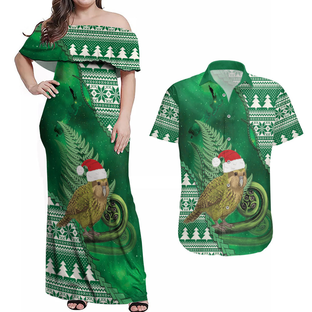 New Zealand Kakapo Christmas In July Couples Matching Off Shoulder Maxi Dress and Hawaiian Shirt Silver Fern Santa Xmas Green Color