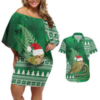 New Zealand Kakapo Christmas In July Couples Matching Off Shoulder Short Dress and Hawaiian Shirt Silver Fern Santa Xmas Green Color