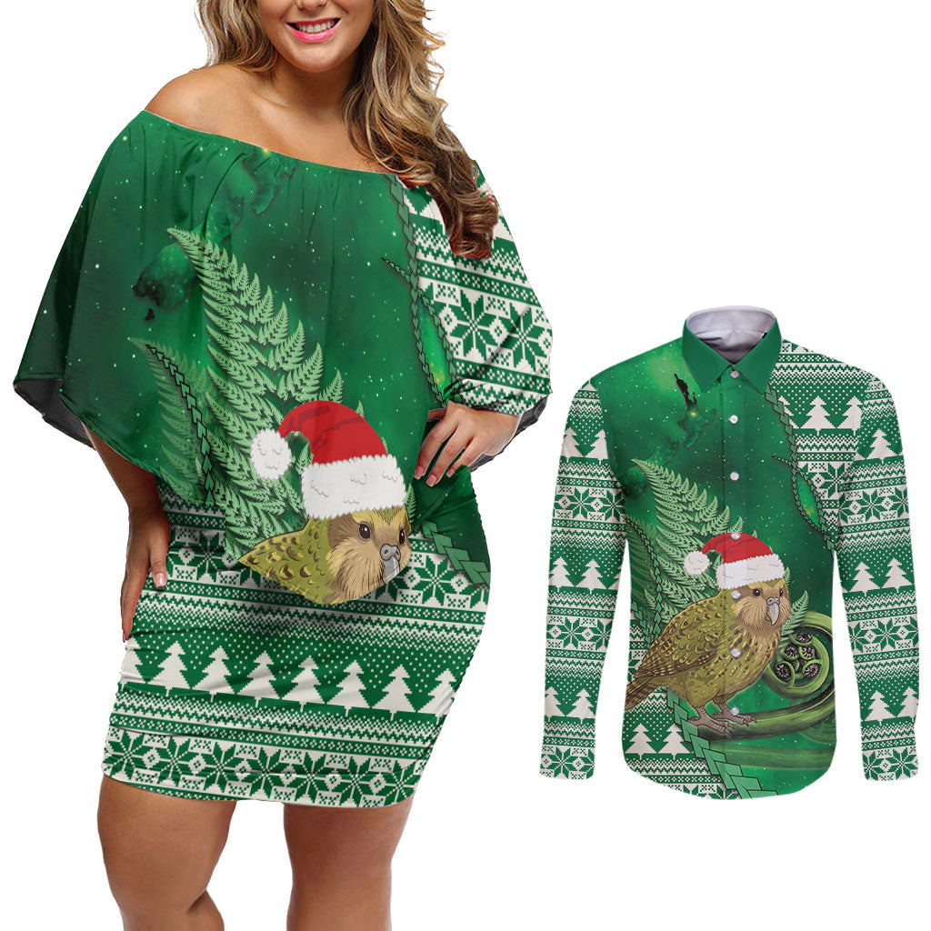 New Zealand Kakapo Christmas In July Couples Matching Off Shoulder Short Dress and Long Sleeve Button Shirt Silver Fern Santa Xmas Green Color LT22 Green - Polynesian Pride