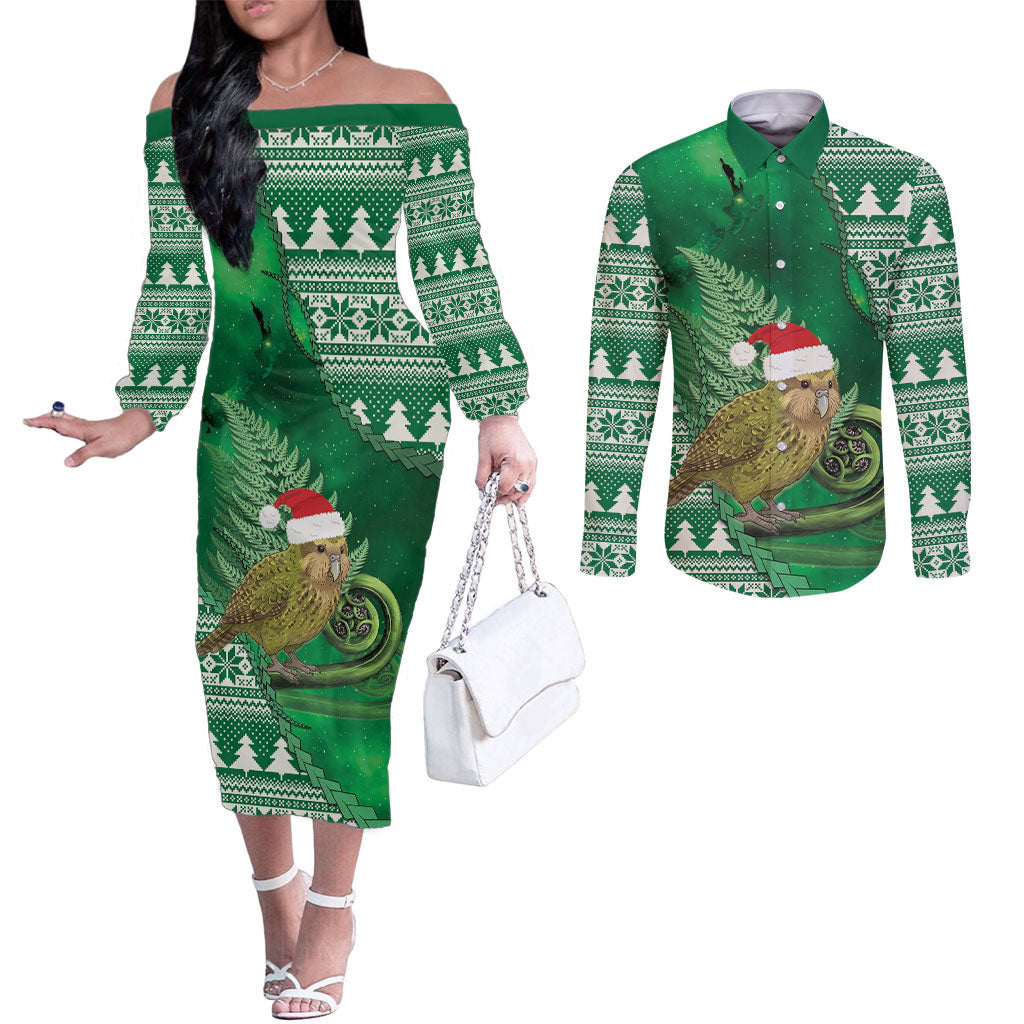 New Zealand Kakapo Christmas In July Couples Matching Off The Shoulder Long Sleeve Dress and Long Sleeve Button Shirt Silver Fern Santa Xmas Green Color LT22 Green - Polynesian Pride