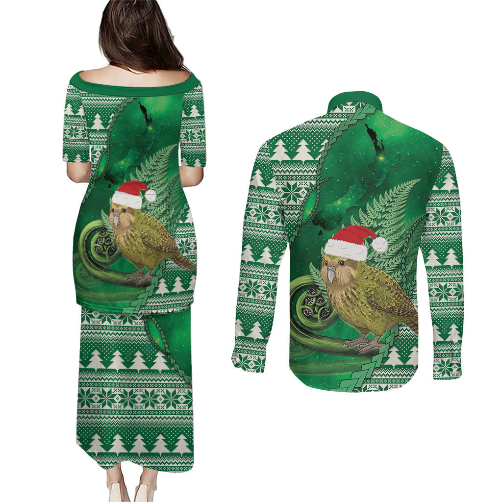 New Zealand Kakapo Christmas In July Couples Matching Puletasi and Long Sleeve Button Shirt Silver Fern Santa Xmas Green Color