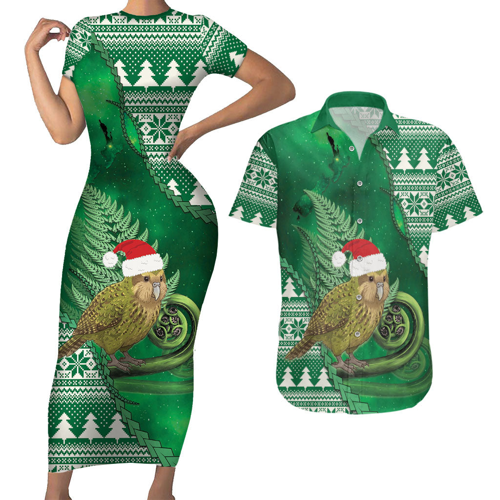 New Zealand Kakapo Christmas In July Couples Matching Short Sleeve Bodycon Dress and Hawaiian Shirt Silver Fern Santa Xmas Green Color LT22 Green - Polynesian Pride