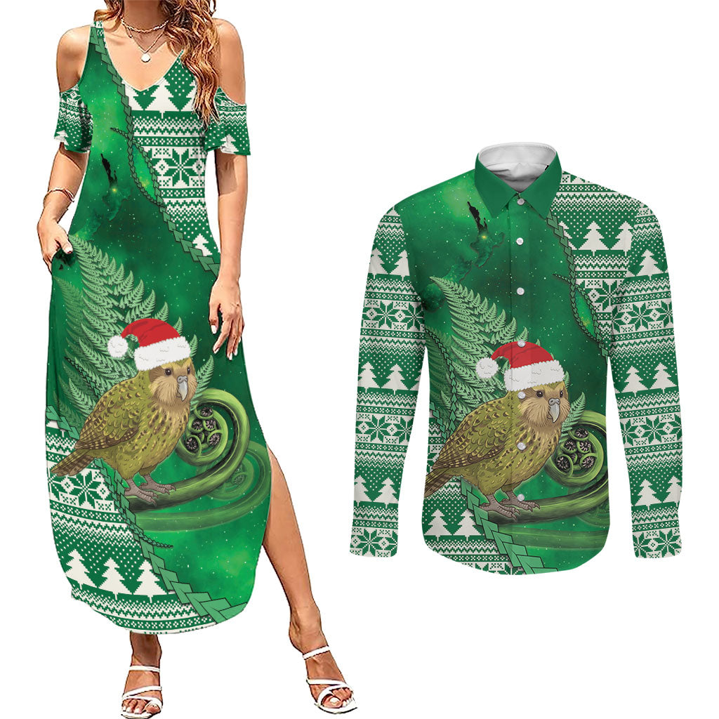 New Zealand Kakapo Christmas In July Couples Matching Summer Maxi Dress and Long Sleeve Button Shirt Silver Fern Santa Xmas Green Color LT22 Green - Polynesian Pride