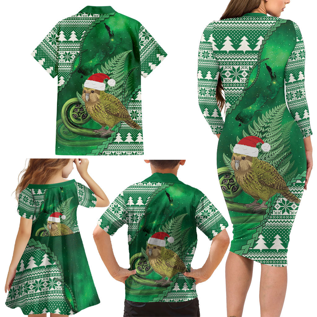 New Zealand Kakapo Christmas In July Family Matching Long Sleeve Bodycon Dress and Hawaiian Shirt Silver Fern Santa Xmas Green Color LT22 - Polynesian Pride
