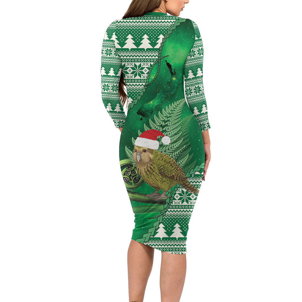 New Zealand Kakapo Christmas In July Family Matching Long Sleeve Bodycon Dress and Hawaiian Shirt Silver Fern Santa Xmas Green Color LT22 - Polynesian Pride