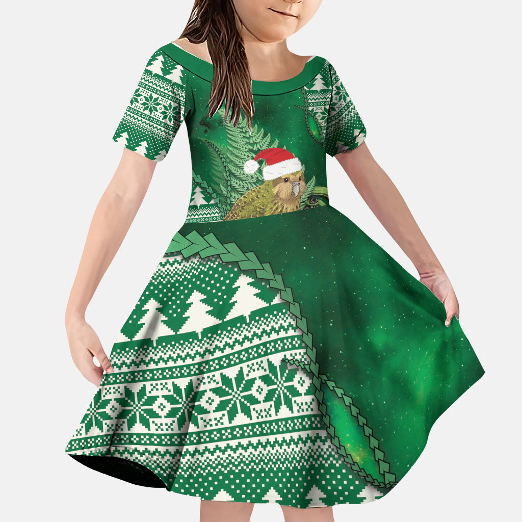 New Zealand Kakapo Christmas In July Family Matching Off The Shoulder Long Sleeve Dress and Hawaiian Shirt Silver Fern Santa Xmas Green Color