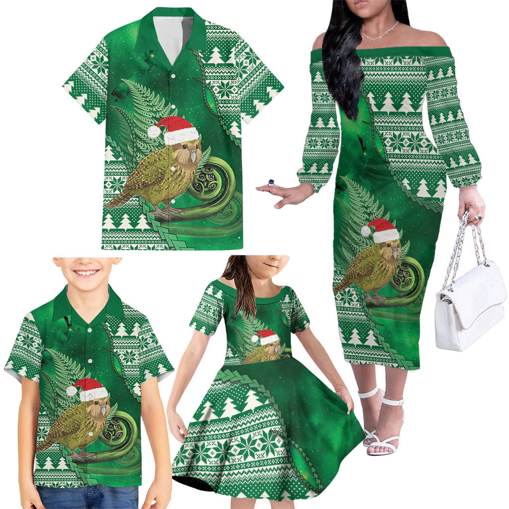 New Zealand Kakapo Christmas In July Family Matching Off The Shoulder Long Sleeve Dress and Hawaiian Shirt Silver Fern Santa Xmas Green Color LT22 - Polynesian Pride