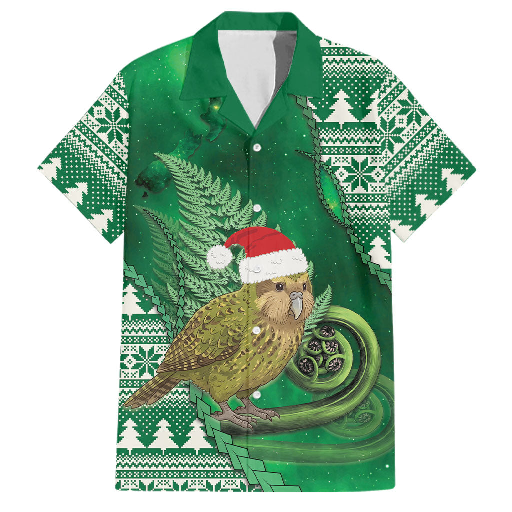 New Zealand Kakapo Christmas In July Family Matching Off The Shoulder Long Sleeve Dress and Hawaiian Shirt Silver Fern Santa Xmas Green Color
