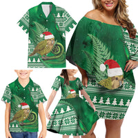 New Zealand Kakapo Christmas In July Family Matching Off Shoulder Short Dress and Hawaiian Shirt Silver Fern Santa Xmas Green Color