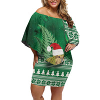 New Zealand Kakapo Christmas In July Family Matching Off Shoulder Short Dress and Hawaiian Shirt Silver Fern Santa Xmas Green Color