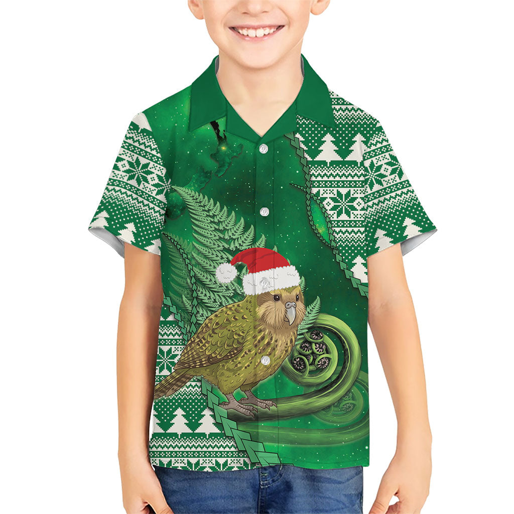 New Zealand Kakapo Christmas In July Family Matching Off Shoulder Short Dress and Hawaiian Shirt Silver Fern Santa Xmas Green Color