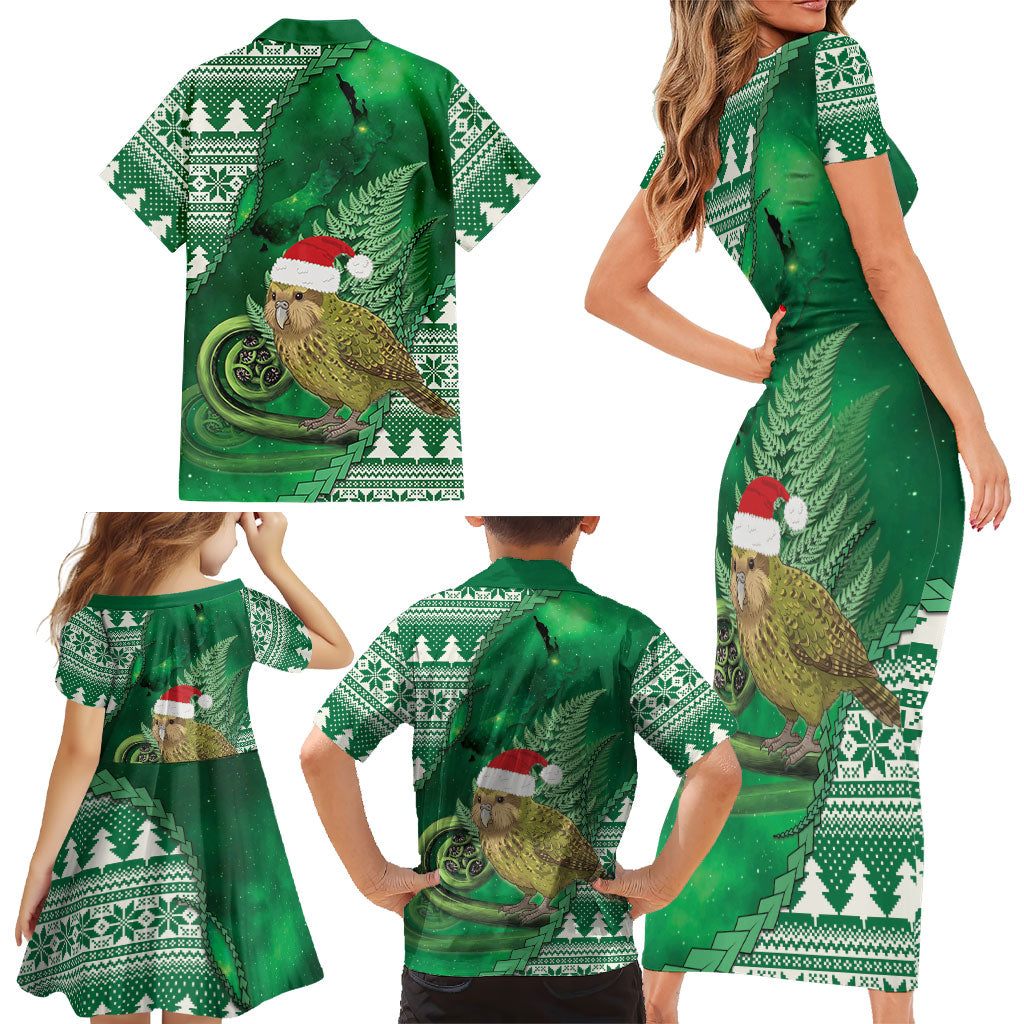 New Zealand Kakapo Christmas In July Family Matching Short Sleeve Bodycon Dress and Hawaiian Shirt Silver Fern Santa Xmas Green Color LT22 - Polynesian Pride