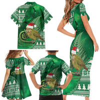 New Zealand Kakapo Christmas In July Family Matching Short Sleeve Bodycon Dress and Hawaiian Shirt Silver Fern Santa Xmas Green Color LT22 - Polynesian Pride