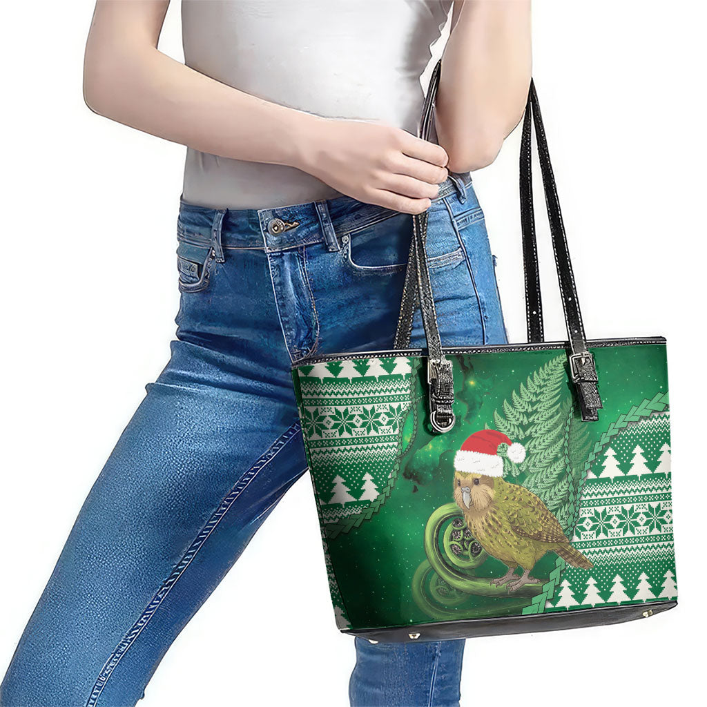 New Zealand Kakapo Christmas In July Leather Tote Bag Silver Fern Santa Xmas Green Color