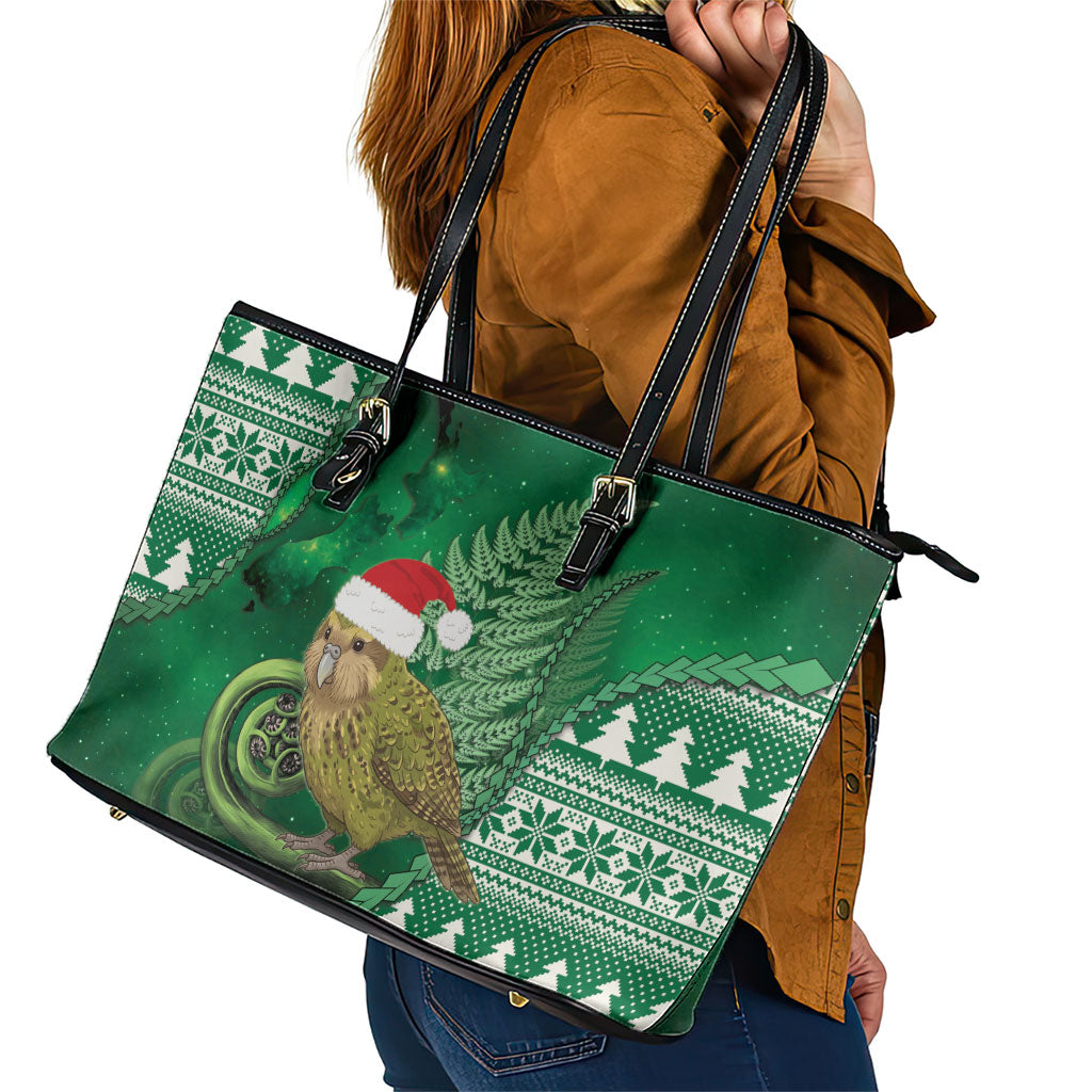 New Zealand Kakapo Christmas In July Leather Tote Bag Silver Fern Santa Xmas Green Color