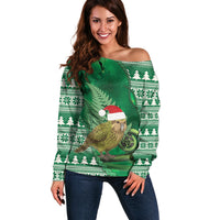 New Zealand Kakapo Christmas In July Off Shoulder Sweater Silver Fern Santa Xmas Green Color