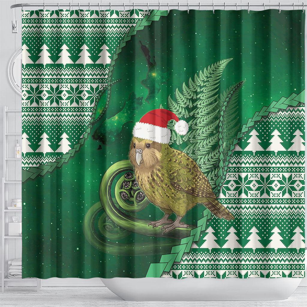 New Zealand Kakapo Christmas In July Shower Curtain Silver Fern Santa Xmas Green Color