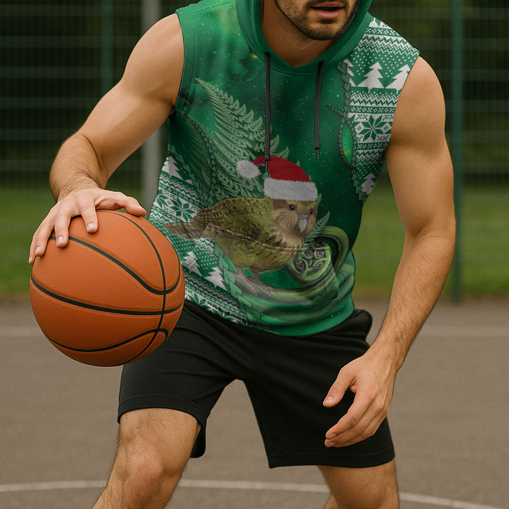 New Zealand Kakapo Christmas In July Sleeveless Hoodie Silver Fern Santa Xmas Green Color
