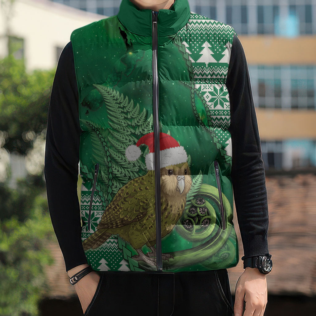 New Zealand Kakapo Christmas In July Sleeveless Puffer Jacket Silver Fern Santa Xmas Green Color