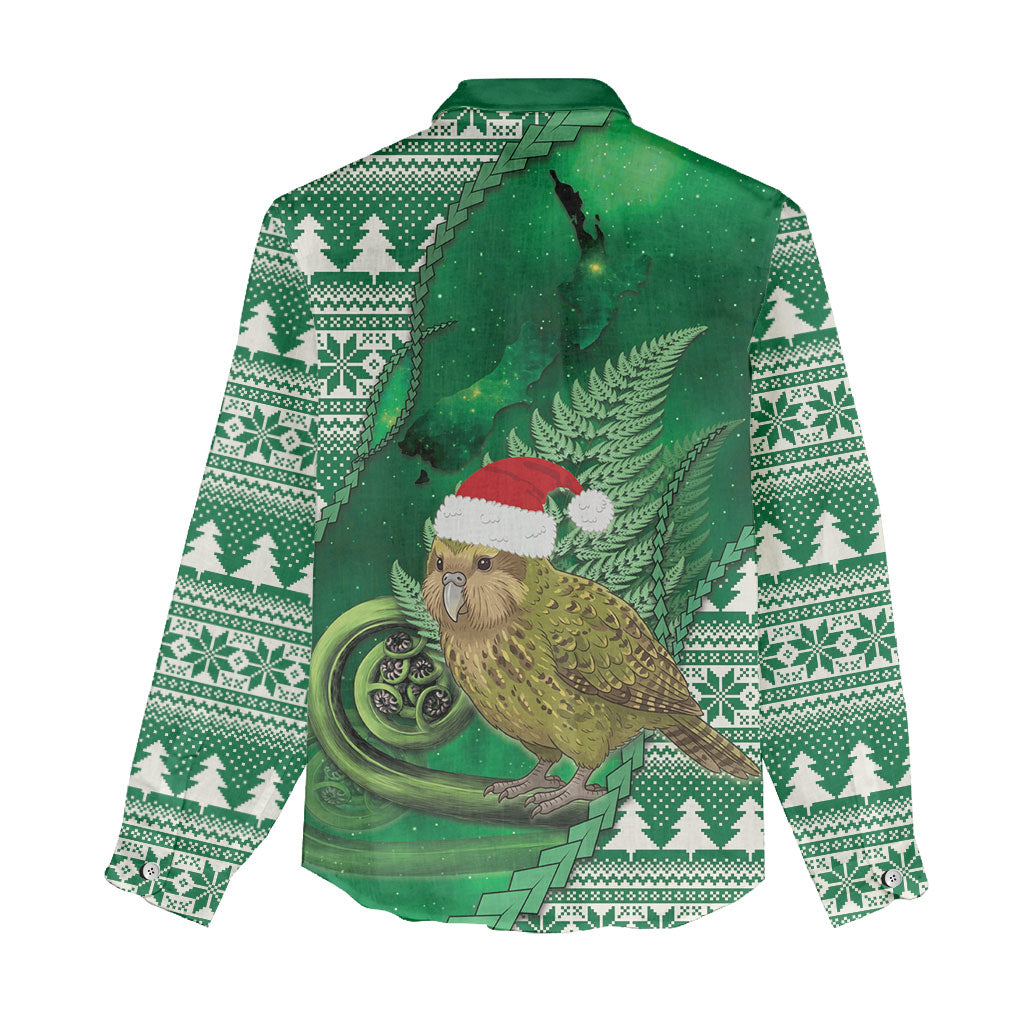 New Zealand Kakapo Christmas In July Women Casual Shirt Silver Fern Santa Xmas Green Color