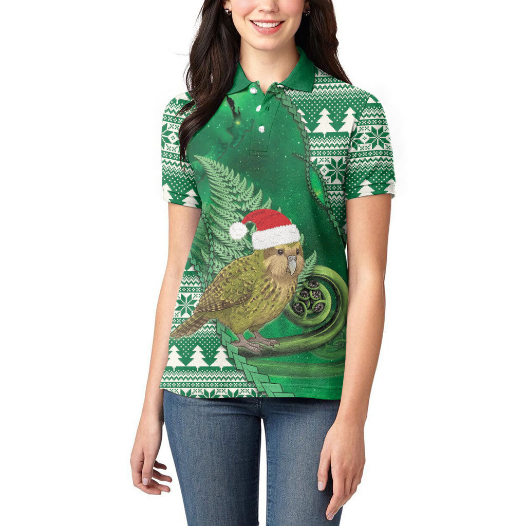 New Zealand Kakapo Christmas In July Women Polo Shirt Silver Fern Santa Xmas Green Color