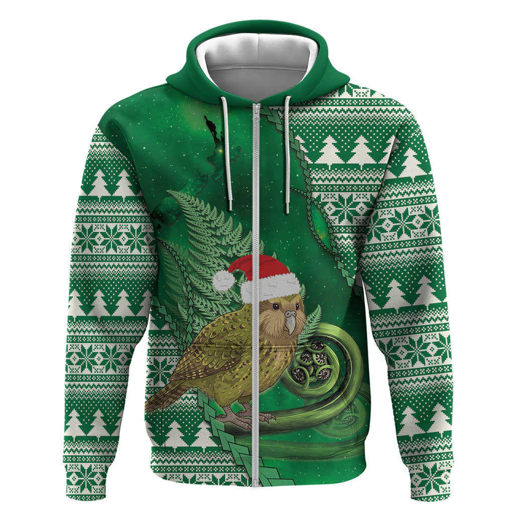 New Zealand Kakapo Christmas In July Zip Hoodie Silver Fern Santa Xmas Green Color