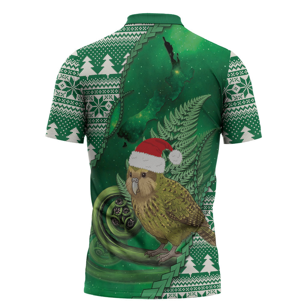 New Zealand Kakapo Christmas In July Zipper Polo Shirt Silver Fern Santa Xmas Green Color