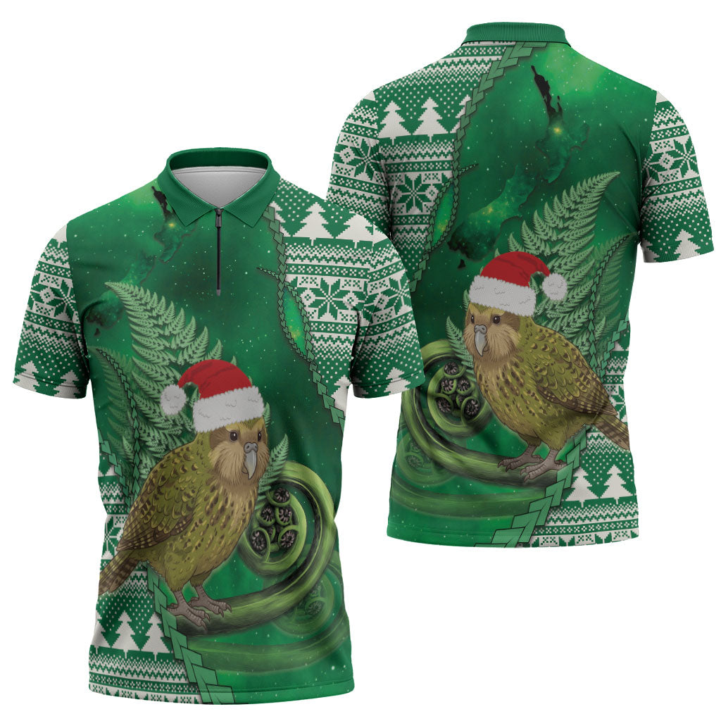 New Zealand Kakapo Christmas In July Zipper Polo Shirt Silver Fern Santa Xmas Green Color