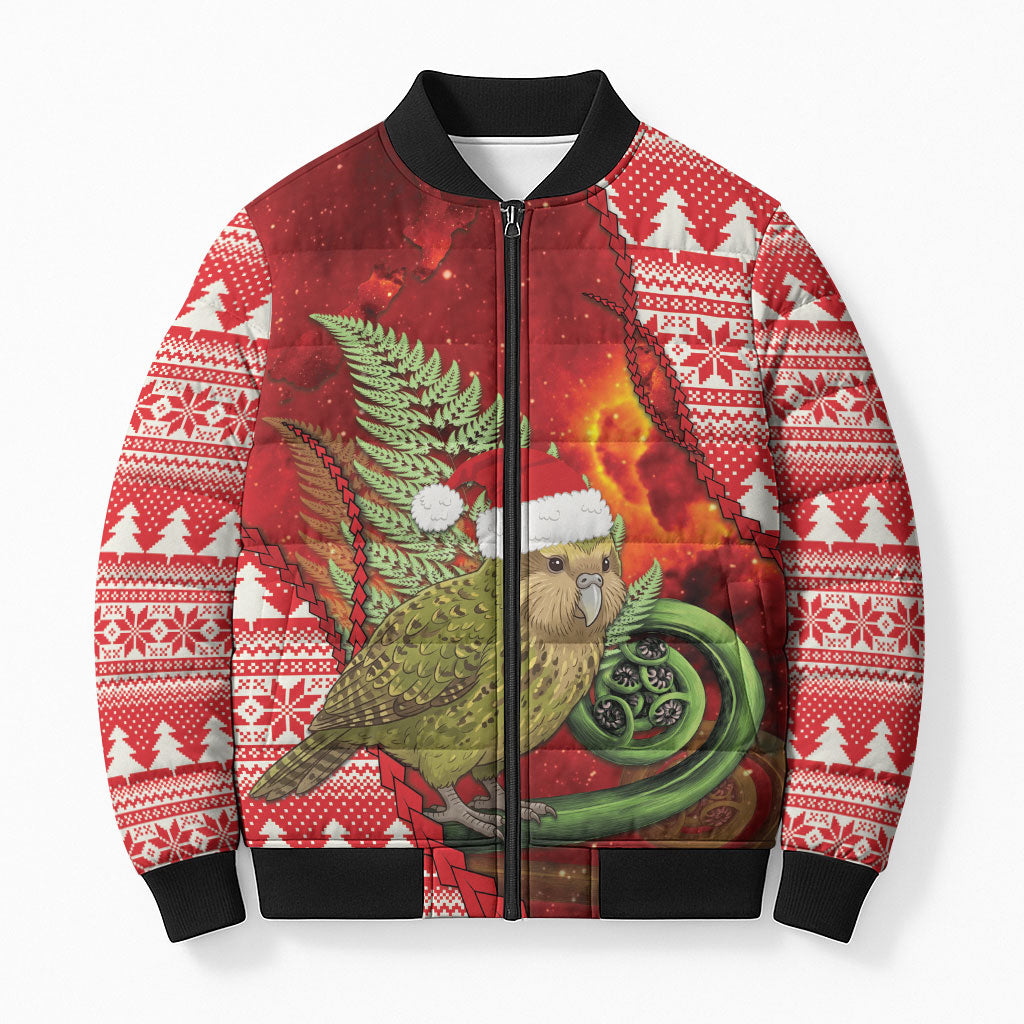 New Zealand Kakapo Christmas In July Bomber Puffer Jacket Silver Fern Santa Xmas Red Color LT22 Unisex Red - Polynesian Pride