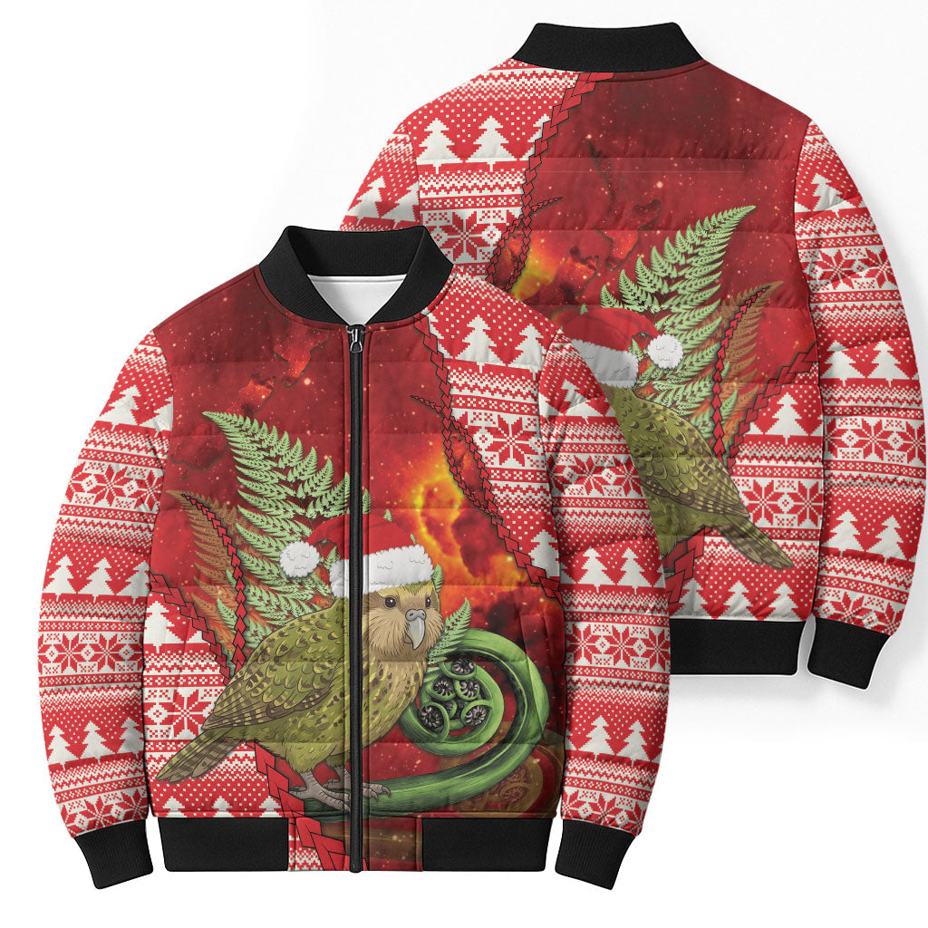 New Zealand Kakapo Christmas In July Bomber Puffer Jacket Silver Fern Santa Xmas Red Color