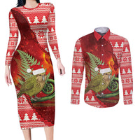 New Zealand Kakapo Christmas In July Couples Matching Long Sleeve Bodycon Dress and Long Sleeve Button Shirt Silver Fern Santa Xmas Red Color