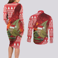 New Zealand Kakapo Christmas In July Couples Matching Long Sleeve Bodycon Dress and Long Sleeve Button Shirt Silver Fern Santa Xmas Red Color