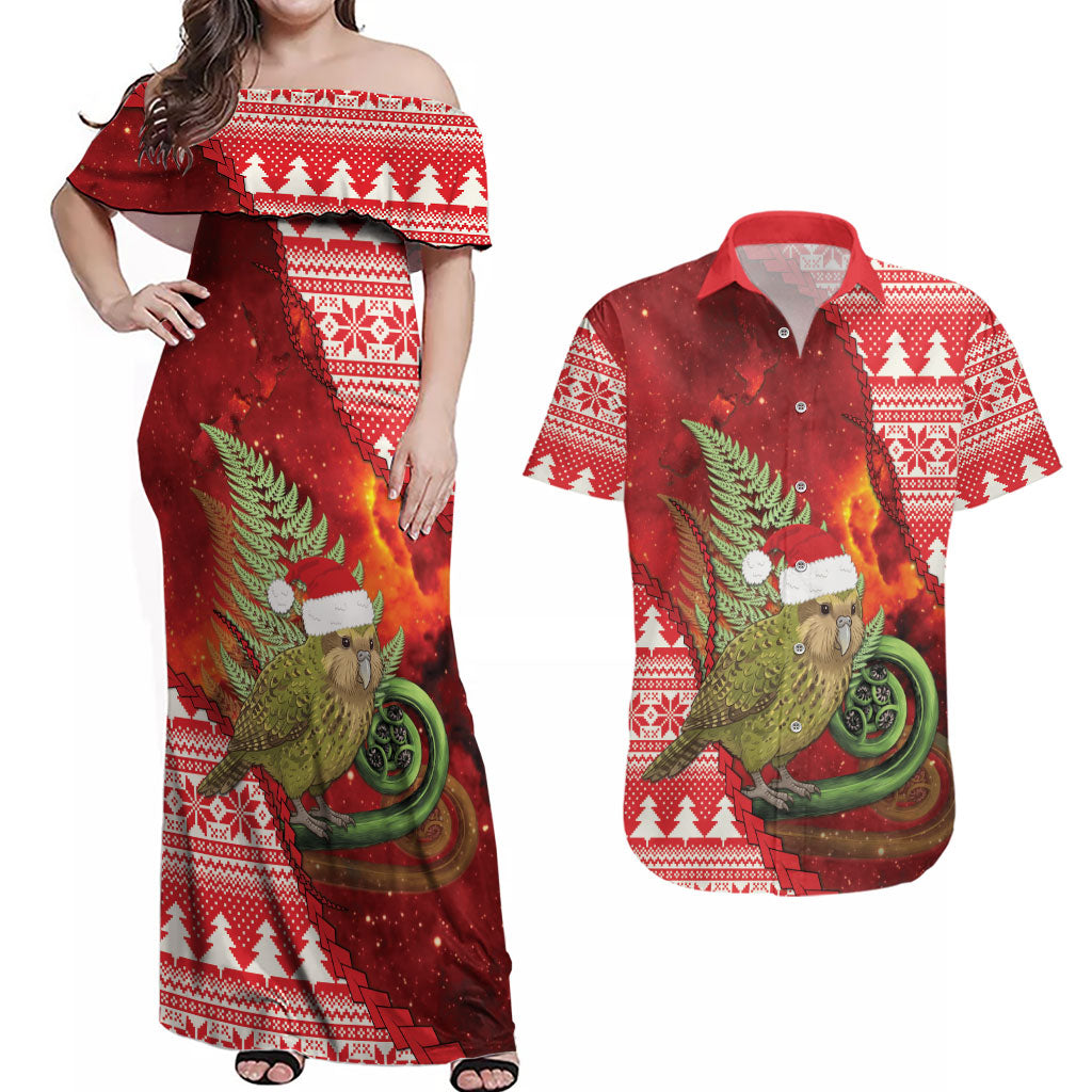New Zealand Kakapo Christmas In July Couples Matching Off Shoulder Maxi Dress and Hawaiian Shirt Silver Fern Santa Xmas Red Color