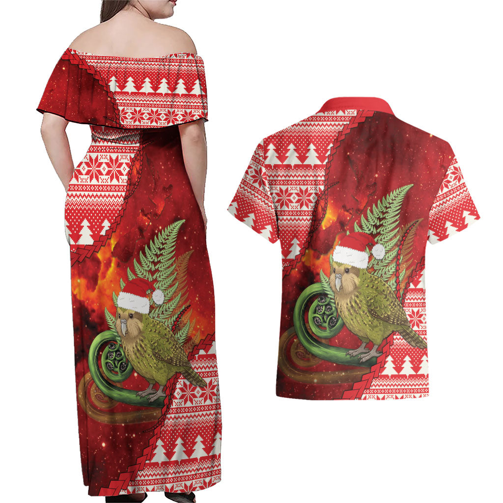 New Zealand Kakapo Christmas In July Couples Matching Off Shoulder Maxi Dress and Hawaiian Shirt Silver Fern Santa Xmas Red Color