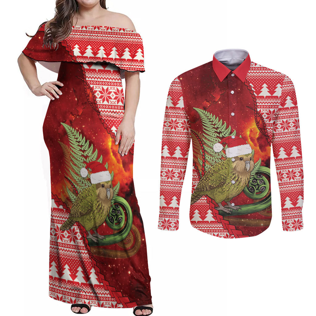 New Zealand Kakapo Christmas In July Couples Matching Off Shoulder Maxi Dress and Long Sleeve Button Shirt Silver Fern Santa Xmas Red Color LT22 Red - Polynesian Pride
