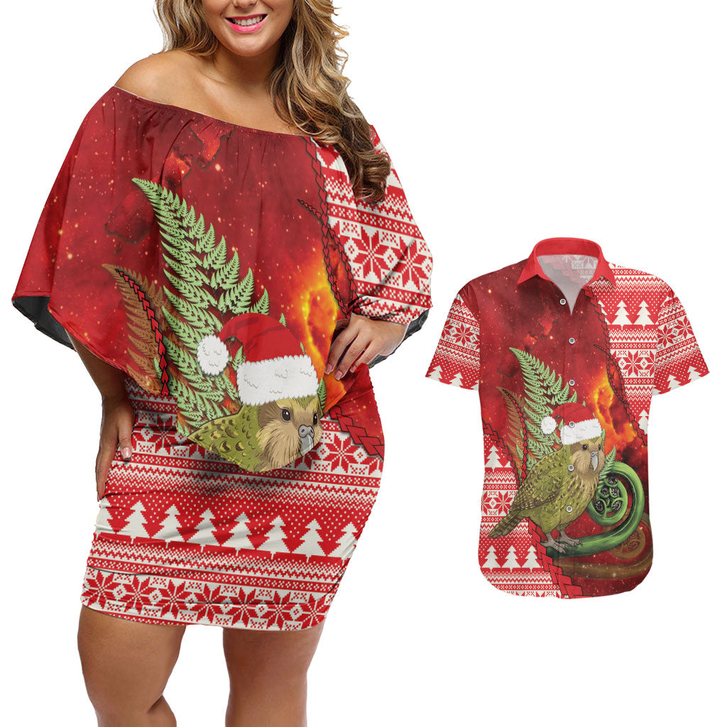 New Zealand Kakapo Christmas In July Couples Matching Off Shoulder Short Dress and Hawaiian Shirt Silver Fern Santa Xmas Red Color LT22 Red - Polynesian Pride