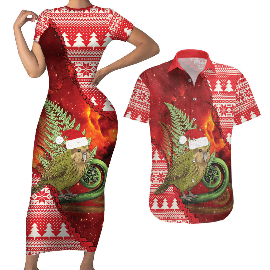 New Zealand Kakapo Christmas In July Couples Matching Short Sleeve Bodycon Dress and Hawaiian Shirt Silver Fern Santa Xmas Red Color