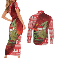 New Zealand Kakapo Christmas In July Couples Matching Short Sleeve Bodycon Dress and Long Sleeve Button Shirt Silver Fern Santa Xmas Red Color