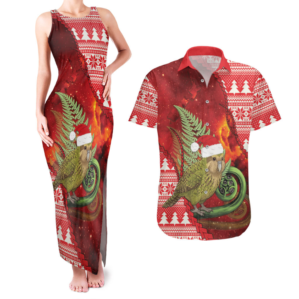 New Zealand Kakapo Christmas In July Couples Matching Tank Maxi Dress and Hawaiian Shirt Silver Fern Santa Xmas Red Color LT22 Red - Polynesian Pride