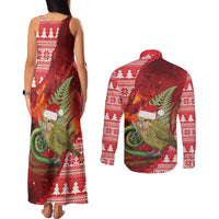 New Zealand Kakapo Christmas In July Couples Matching Tank Maxi Dress and Long Sleeve Button Shirt Silver Fern Santa Xmas Red Color