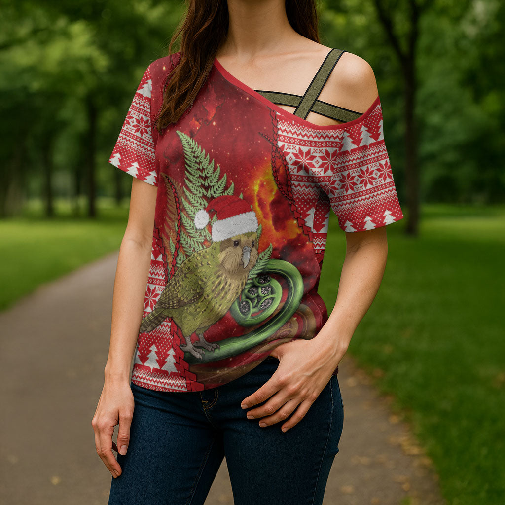 New Zealand Kakapo Christmas In July Cross Shoulder Shirt Silver Fern Santa Xmas Red Color