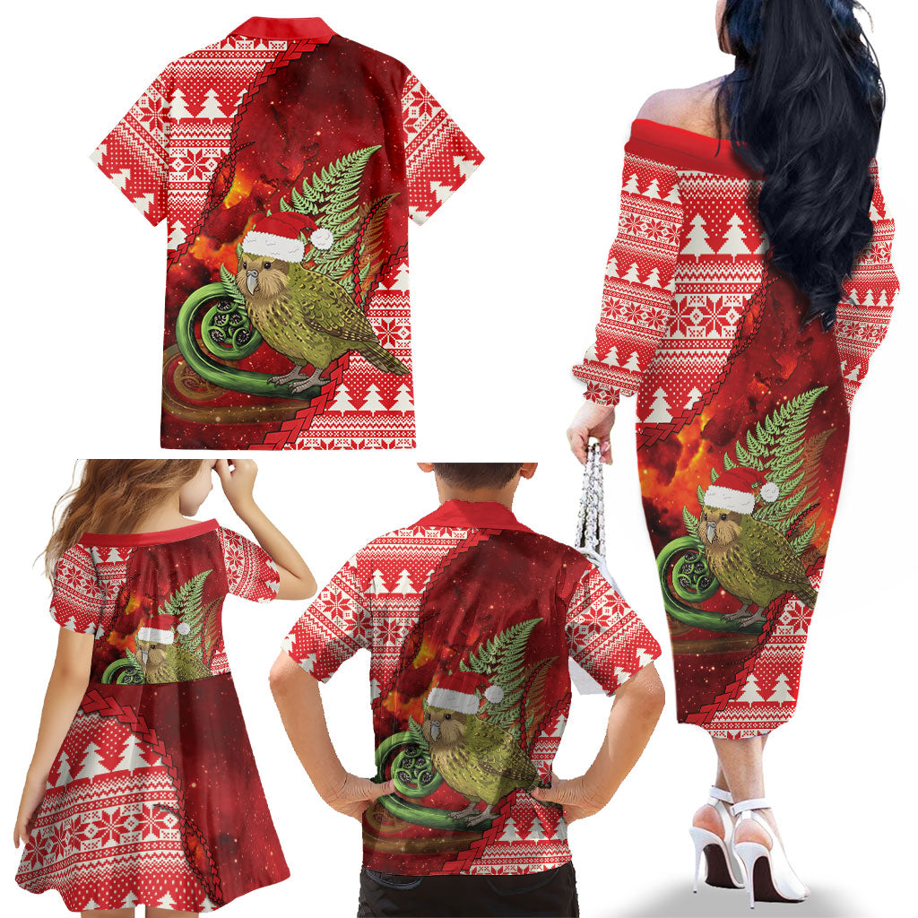 New Zealand Kakapo Christmas In July Family Matching Off The Shoulder Long Sleeve Dress and Hawaiian Shirt Silver Fern Santa Xmas Red Color