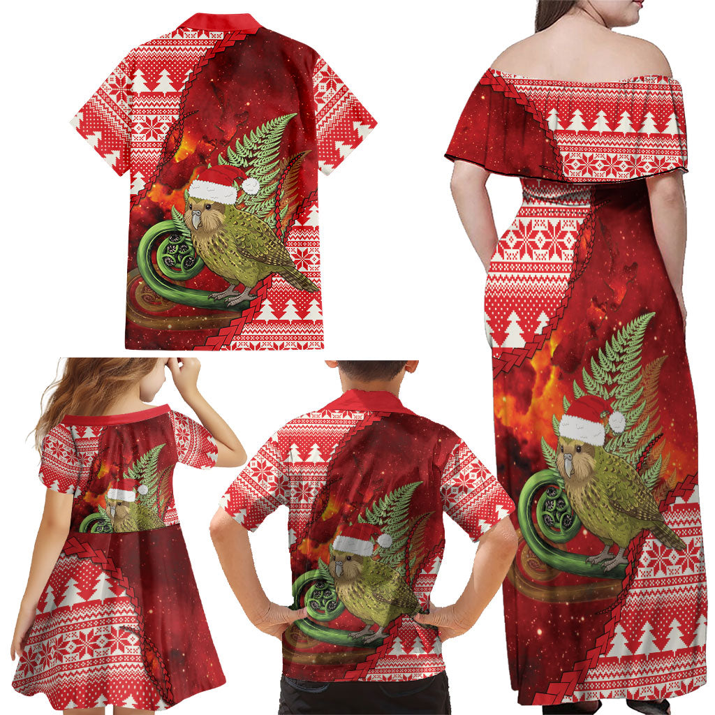 New Zealand Kakapo Christmas In July Family Matching Off Shoulder Maxi Dress and Hawaiian Shirt Silver Fern Santa Xmas Red Color