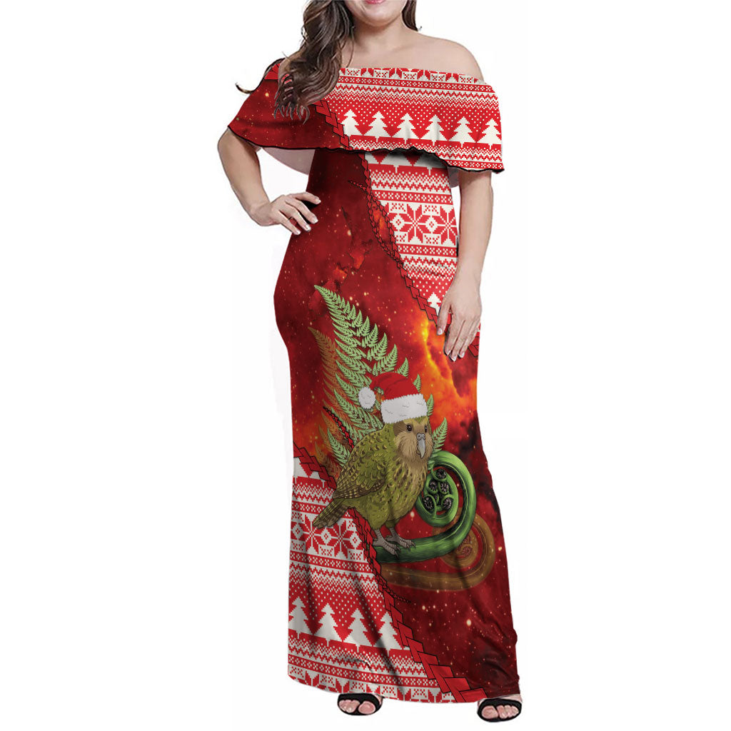 New Zealand Kakapo Christmas In July Family Matching Off Shoulder Maxi Dress and Hawaiian Shirt Silver Fern Santa Xmas Red Color