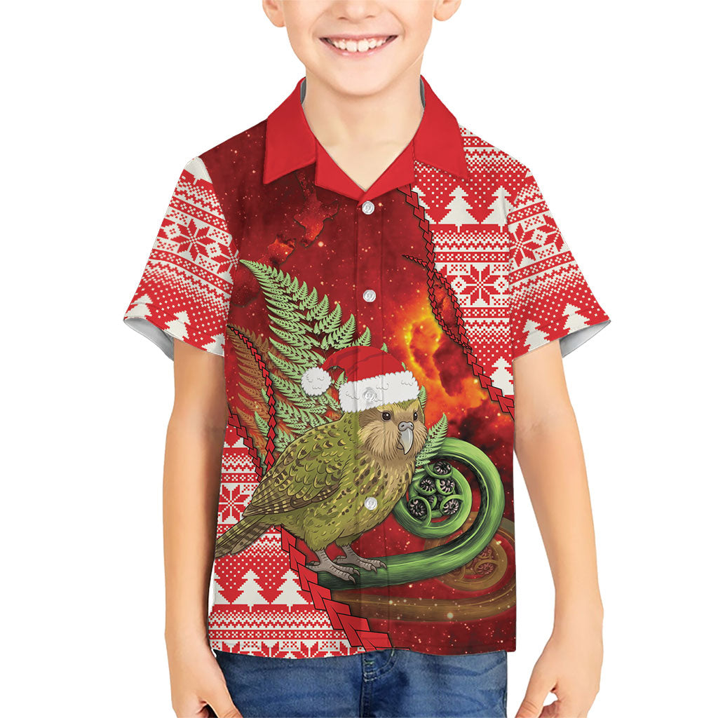 New Zealand Kakapo Christmas In July Family Matching Off Shoulder Short Dress and Hawaiian Shirt Silver Fern Santa Xmas Red Color
