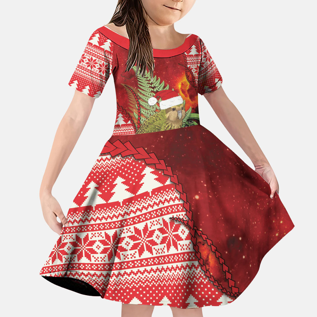 New Zealand Kakapo Christmas In July Family Matching Short Sleeve Bodycon Dress and Hawaiian Shirt Silver Fern Santa Xmas Red Color