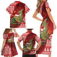 New Zealand Kakapo Christmas In July Family Matching Short Sleeve Bodycon Dress and Hawaiian Shirt Silver Fern Santa Xmas Red Color