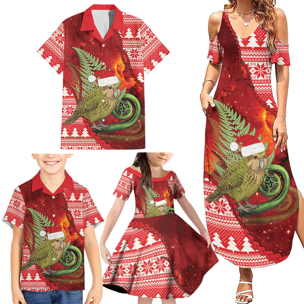 New Zealand Kakapo Christmas In July Family Matching Summer Maxi Dress and Hawaiian Shirt Silver Fern Santa Xmas Red Color