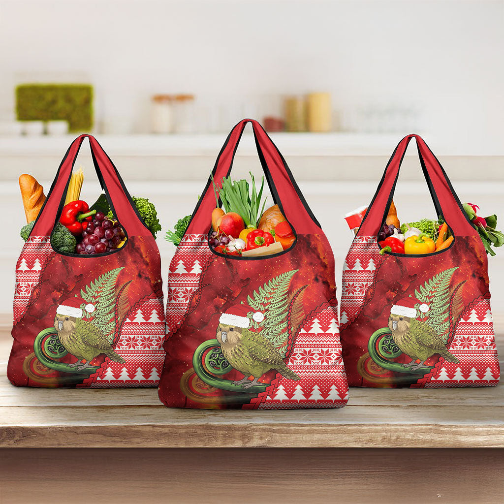 New Zealand Kakapo Christmas In July Grocery Bag Silver Fern Santa Xmas Red Color